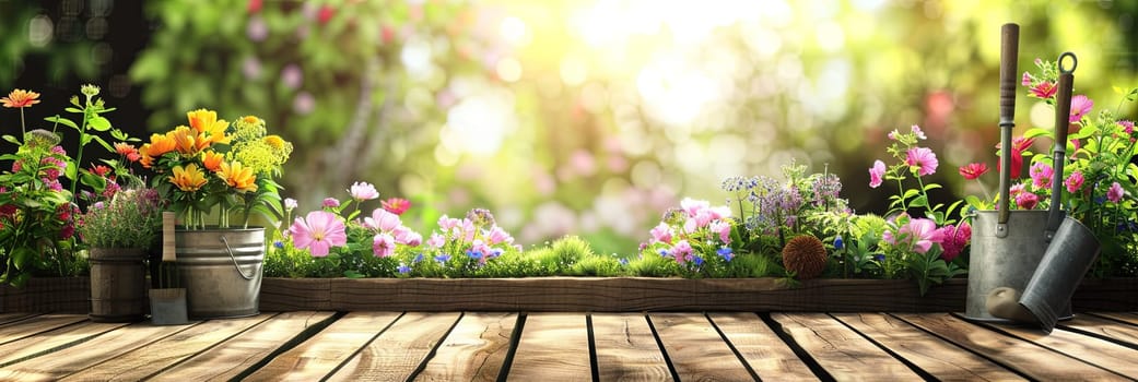 A variety of colorful flowers and garden tools neatly arranged on a wooden table, with a blurred natural background.