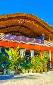 Restaurant restaurants bar bars shops hotels palms palm trees and promenades on the beach in Zicatela Puerto Escondido Oaxaca Mexico.