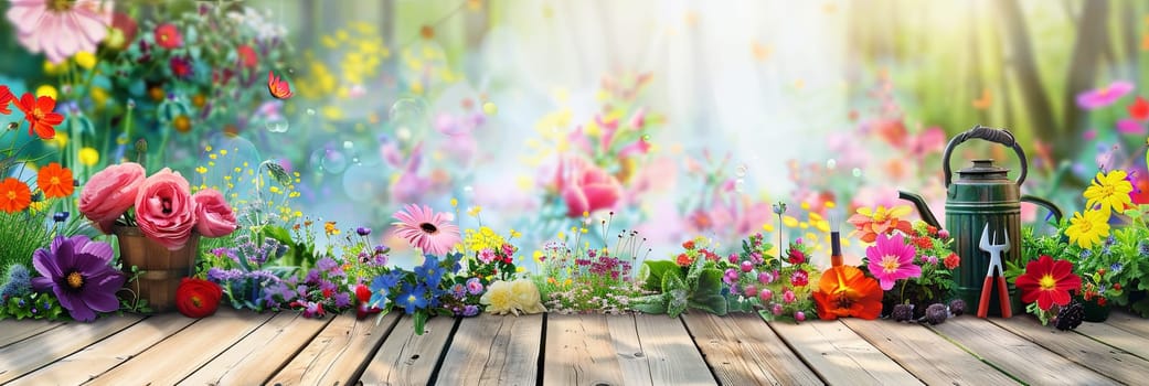 A painting depicting a garden filled with colorful flowers and a watering can on a wooden surface, set against a blurred natural background.