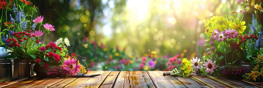 A wooden table displaying an array of vibrant flowers and garden tools, set against a blurred natural background.