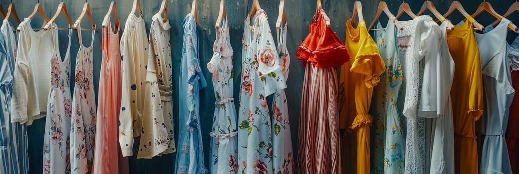 Fashionable womens closet wallpaper featuring a rack of summer dresses and shirts hanging on clothes pins.