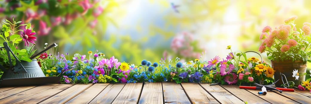 Wooden table covered in colorful flowers, garden tools scattered around, set against a blurred natural background.