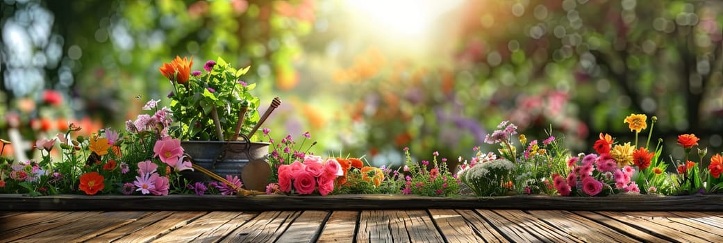 Various vibrant flowers and garden tools scattered across a wooden table, set against a blurred natural backdrop.