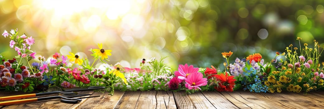 Wooden table topped with various vibrant flowers and gardening tools, set against a blurred natural background.