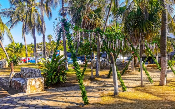 Restaurant restaurants bar bars shops hotels palms palm trees and promenades on the beach in Zicatela Puerto Escondido Oaxaca Mexico.