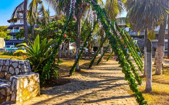 Restaurant restaurants bar bars shops hotels palms palm trees and promenades on the beach in Zicatela Puerto Escondido Oaxaca Mexico.