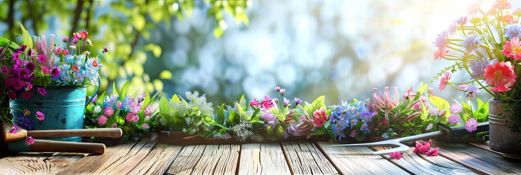 Many colorful flowers are neatly arranged on a wooden table, surrounded by garden tools, against a blurred natural background.