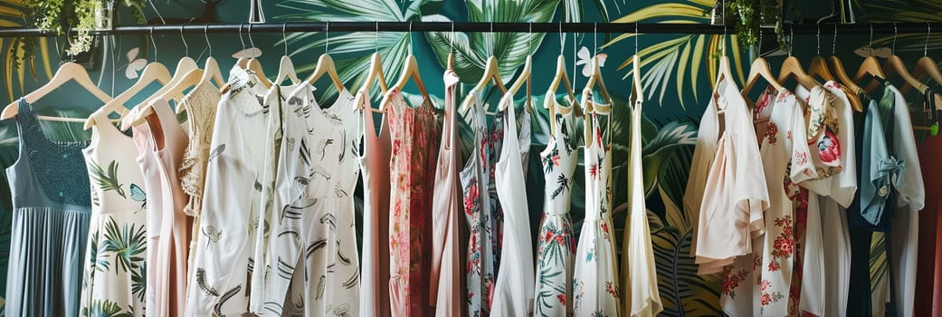 Collection of various shirts hanging on a clothing rack in a fashionable womens closet. Creative concept for a designer clothing showroom.