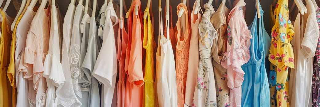 A closet filled with various colored shirts hanging on hangers, showcasing a range of styles and designs.