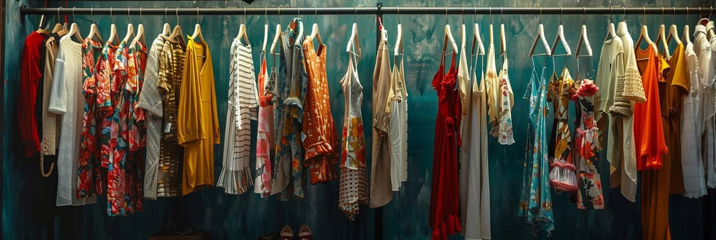 Rack of summer dresses and shirts hanging on a wall in a stylish and creative concept of a womens clothing showroom or designer dresses store.