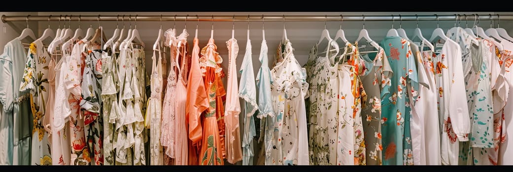 A closet packed with vibrant shirts on hangers, creating a colorful and lively fashion display.