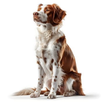 A carnivorous Canidae terrestrial animal, the brown and white Dog breed is a companion and gun dog, sitting on a white surface with a liverlike color, looking up with a sense of balance
