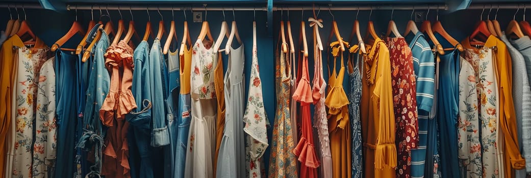 A closet filled with various colored shirts on hangers, showcasing a creative concept of a womens clothing showroom or designer dresses store.