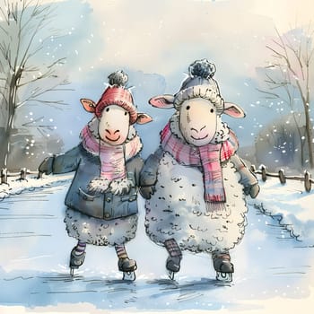 In a fun winter cartoon scene, two sheep wearing hats and scarves are joyfully ice skating on a frozen pond. The snowy surroundings and happy gestures capture the festive event