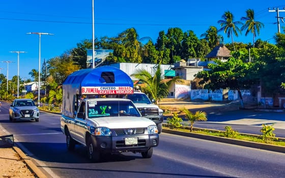 Mexican Colectivo van car transportation pickup truck bus in Puerto Escondido Oaxaca Mexico.