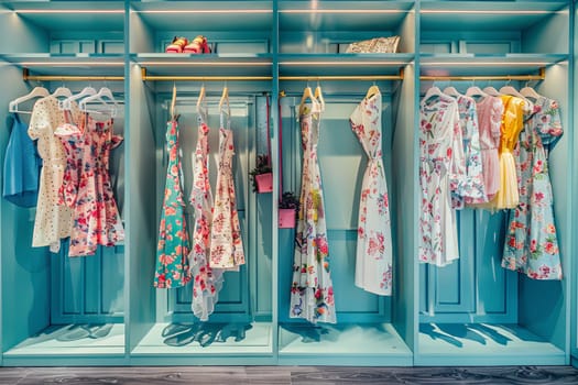 A summer closet filled with dresses and shirts on hangers in a creative concept of a womens clothing showroom.