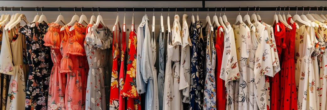 Fashionable womens closet wallpaper showcasing a variety of summer dresses and shirts hanging on hangers.