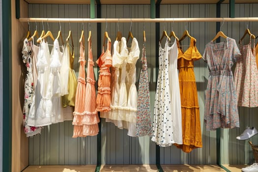 Several colorful dresses and shirts hanging on hangers in a fashionable womens closet showroom.