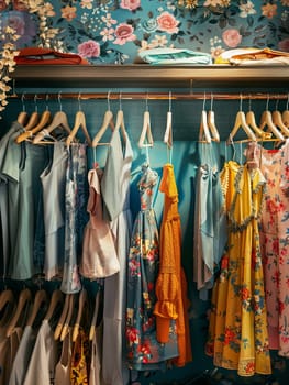Fashionable womens closet wallpaper with summer dresses and shirts neatly hung on racks.