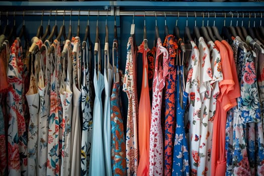 A closet wallpaper filled with a variety of brightly colored shirts on hangers, showcasing a fashionable womens summer wardrobe.