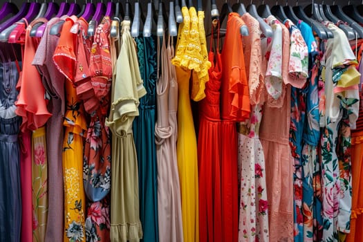 Rack filled with a variety of dresses and shirts in bold and vibrant colors, showcasing a fashionable womens closet.