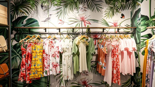 Rack of various dresses and shirts hanging on a wall in a summer closet, creating a stylish display for a womens clothing showroom.