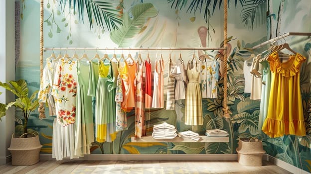 A room filled with dresses and shirts hanging on a rack, showcasing a creative concept for a womens clothing showroom or designer dress store.