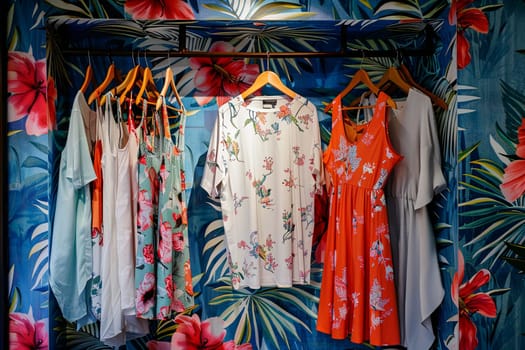 Various stylish dresses and shirts hanging on hangers in a womens clothing showroom. Creative concept for a designer dresses store.