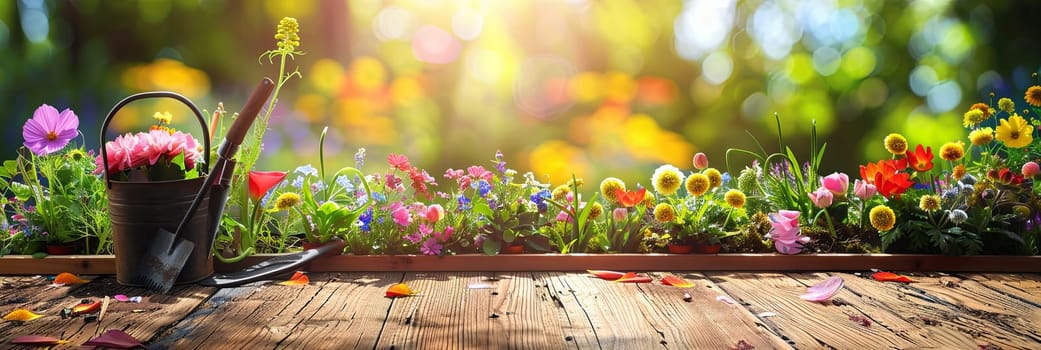 A wooden table displaying a variety of colorful flowers and garden tools, with a blurred natural background.