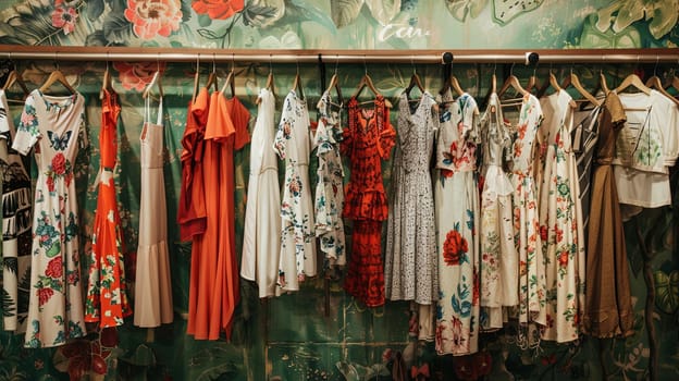 Various dresses and shirts hanging on racks in a fashionable womens closet. Creative concept of a clothing showroom or designer store.