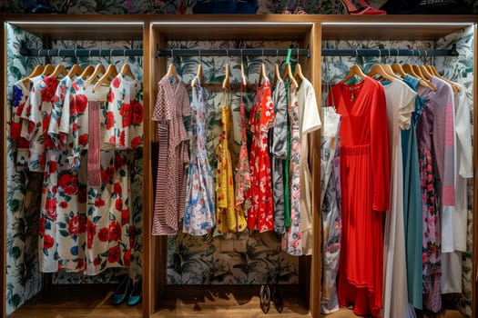 Summer closet wallpaper filled with dresses and shirts on hangers in a fashionable womens clothing showroom.