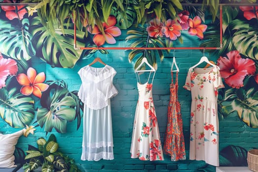 Three stylish dresses are displayed on a rack against a colorful painted wall in a womens clothing showroom.