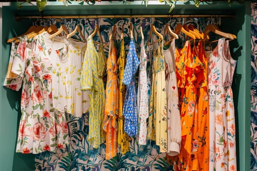 Various dresses and shirts displayed on hangers in a fashionable womens closet. Creative concept of a clothing showroom or designer store.