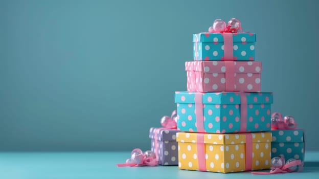 A stack of colorful boxes with polka dots on them. The boxes are piled on top of each other, creating a tower. The colors of the boxes are pink, yellow, and purple. Concept of celebration and joy