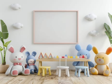 A room with a white wall and a picture frame. A blue rabbit and a pink teddy bear are sitting on chairs