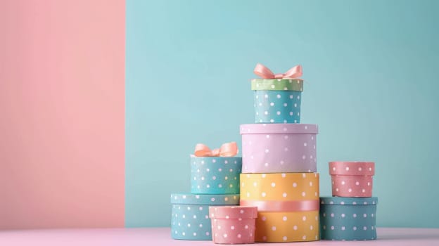 A stack of colorful boxes with polka dots on them. The boxes are piled on top of each other, creating a tower. The colors of the boxes are pink, yellow, and purple. Concept of celebration and joy