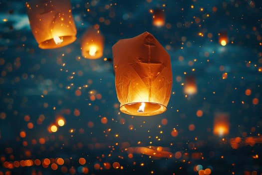 A lit candle is floating in the air, surrounded by a sea of other candles. The scene is serene and peaceful, with the warm glow of the candles creating a calming atmosphere