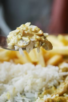 Closeup of fork pick rice mixed with chicken ,