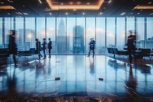 Meeting room at modern office with business people moving motion blur.