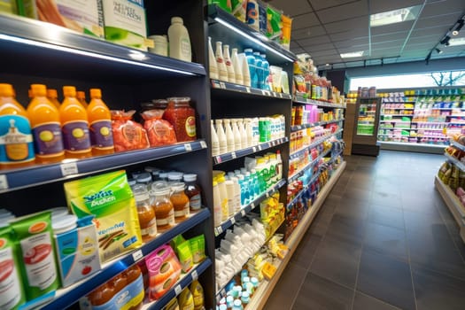 A large store with many shelves and aisles. The store is empty and the lights are on