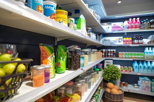 A large store with many shelves and aisles. The store is empty and the lights are on