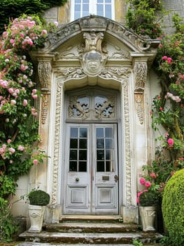 Entrance to a historic manor, framed by antique architectural elements and flanked by potted topiaries, features an aged door, the surrounding ivy and stonework add to the timeless elegance of the property