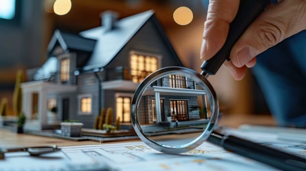 A person is holding a magnifying glass over a drawing of a house.