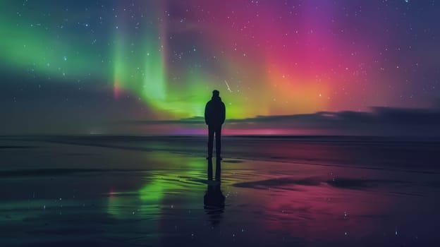 A man stands on the beach, with a colorful aurora borealis in the sky and reflections of light in the water..