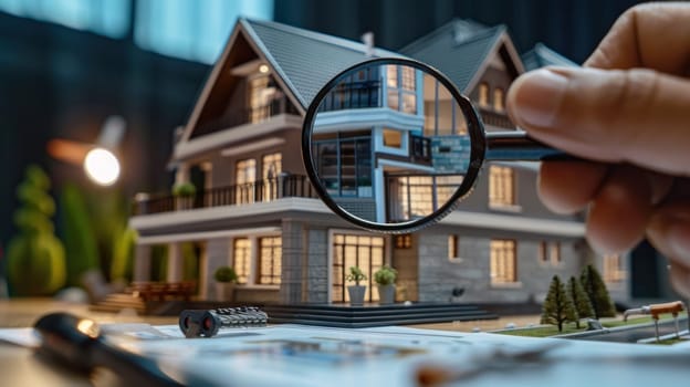 A person is holding a magnifying glass over a drawing of a house.