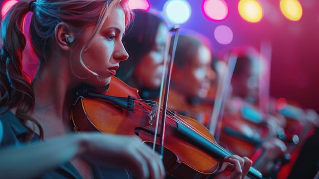 A group of women playing violins in a concert. The woman in the center is playing the violin