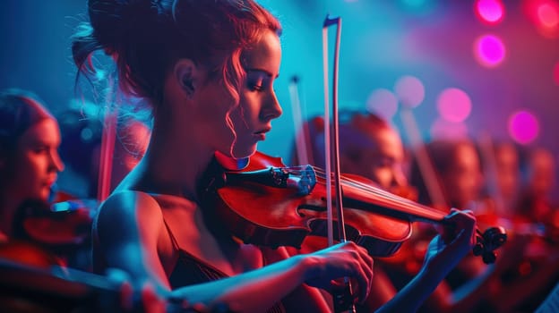 A group of women playing violins in a concert.