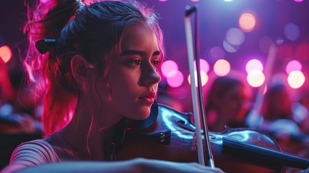 A group of women playing violins in a concert.