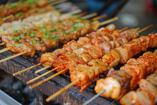 Delectable Thai street food featuring succulent meat skewers.