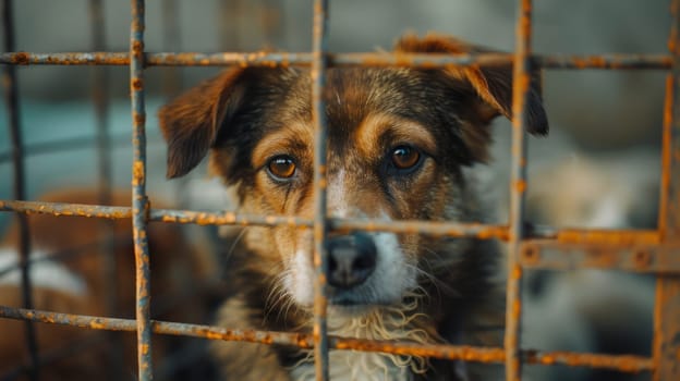 A dog is looking through a metal fence.